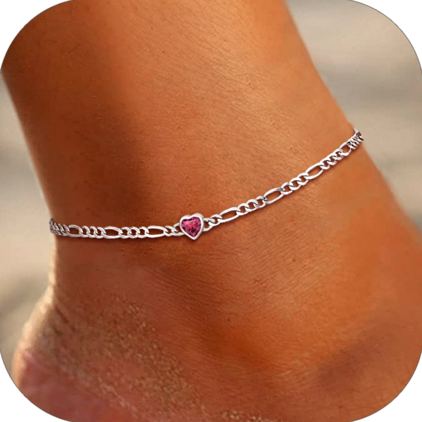 U7 Heart Anklet Bracelet for Women January Red Garnet Sterling Silver Figaro Anklet Charming Summer Jewelry Gift Beach Foot Chain for Teen Girls