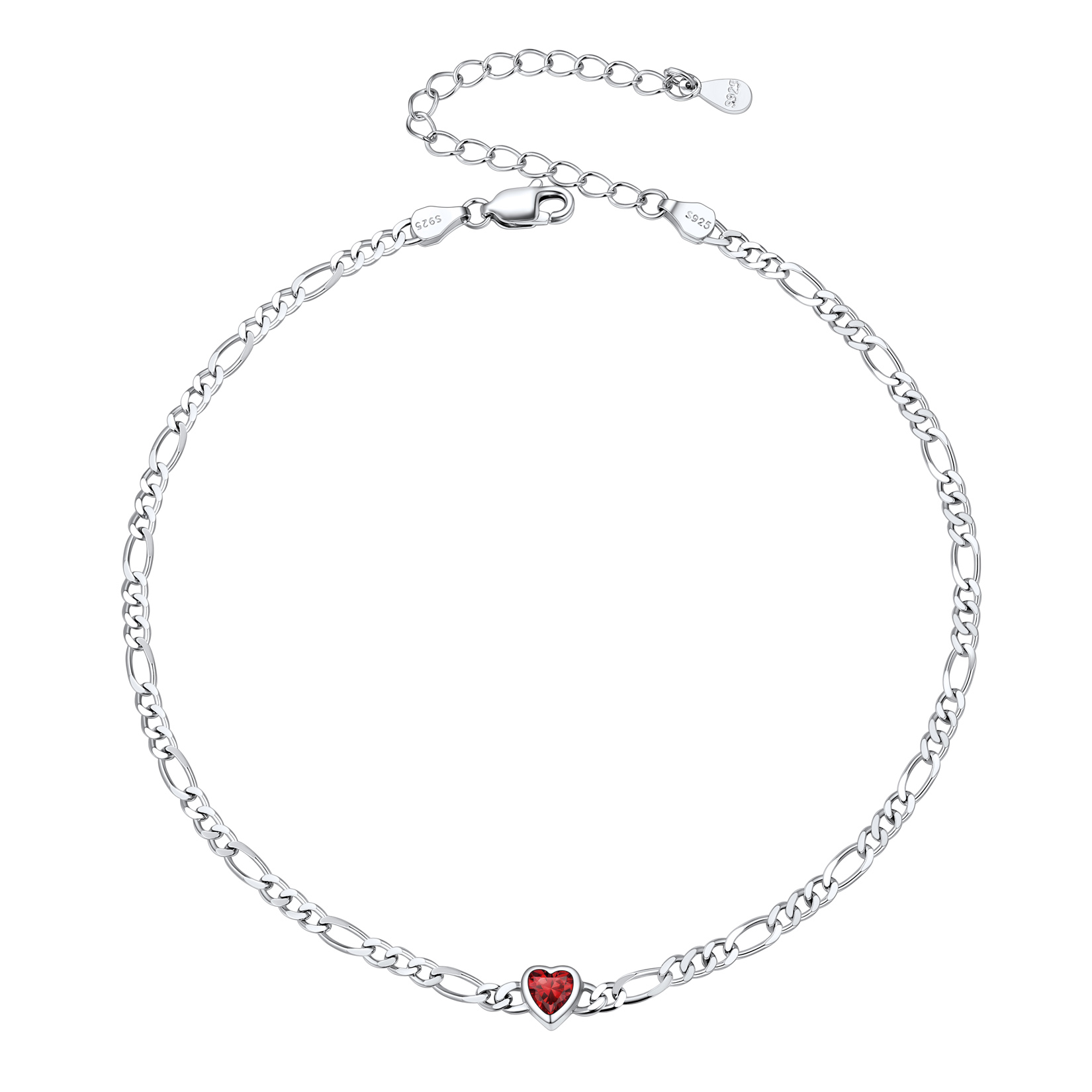 U7 Heart Anklet Bracelet for Women January Red Garnet Sterling Silver Figaro Anklet Charming Summer Jewelry Gift Beach Foot Chain for Teen Girls