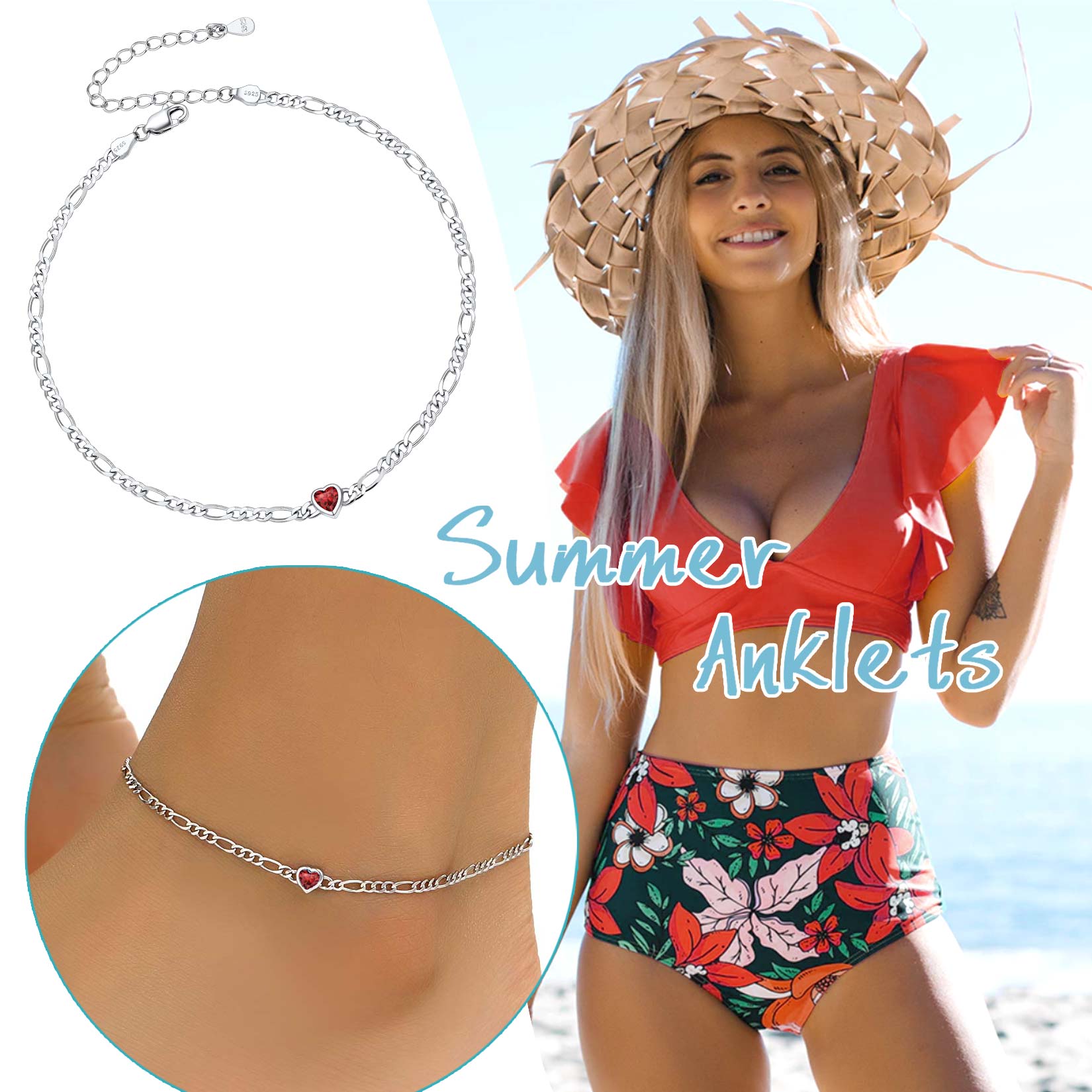 U7 Heart Anklet Bracelet for Women January Red Garnet Sterling Silver Figaro Anklet Charming Summer Jewelry Gift Beach Foot Chain for Teen Girls