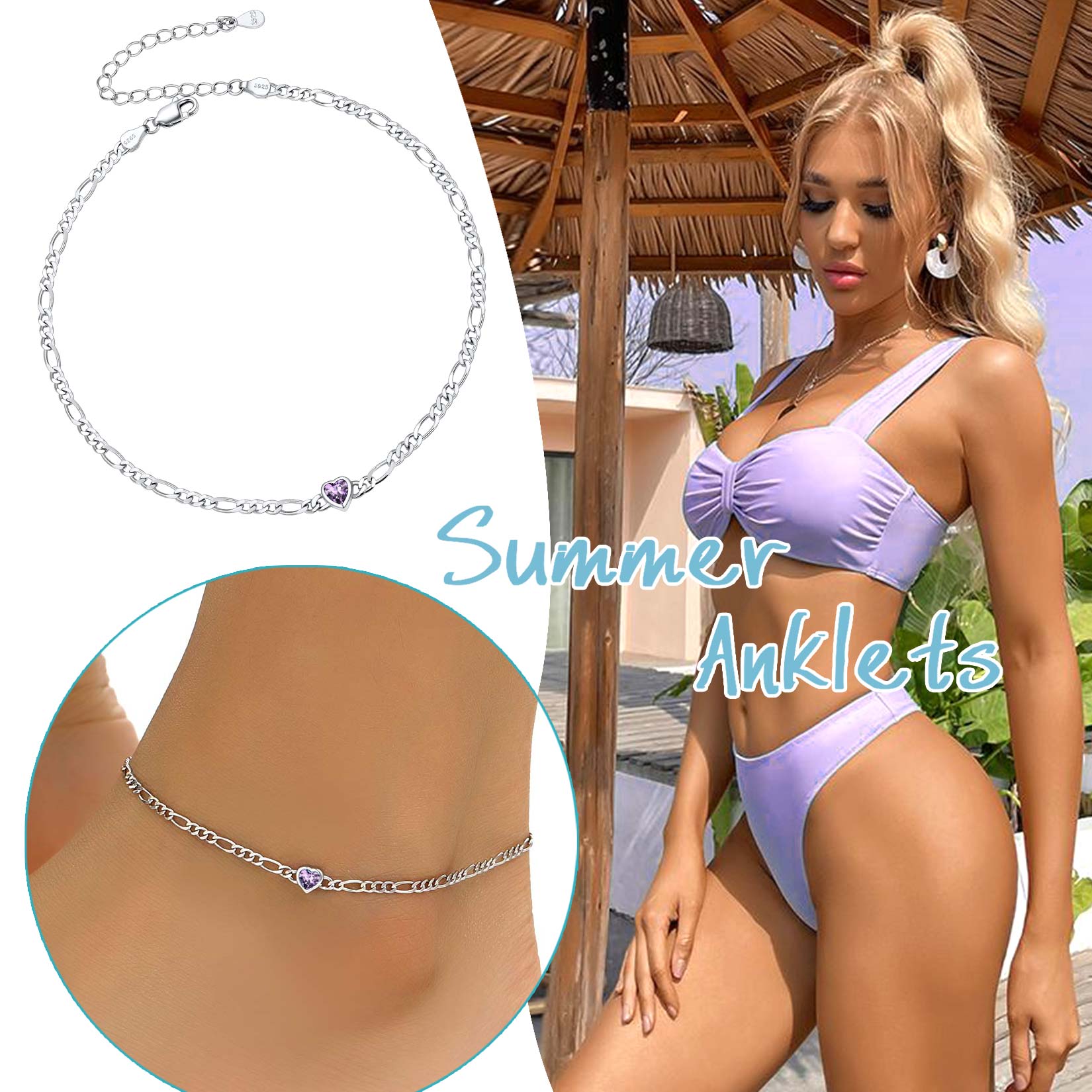 U7 Heart Anklet Bracelet for Women January Red Garnet Sterling Silver Figaro Anklet Charming Summer Jewelry Gift Beach Foot Chain for Teen Girls