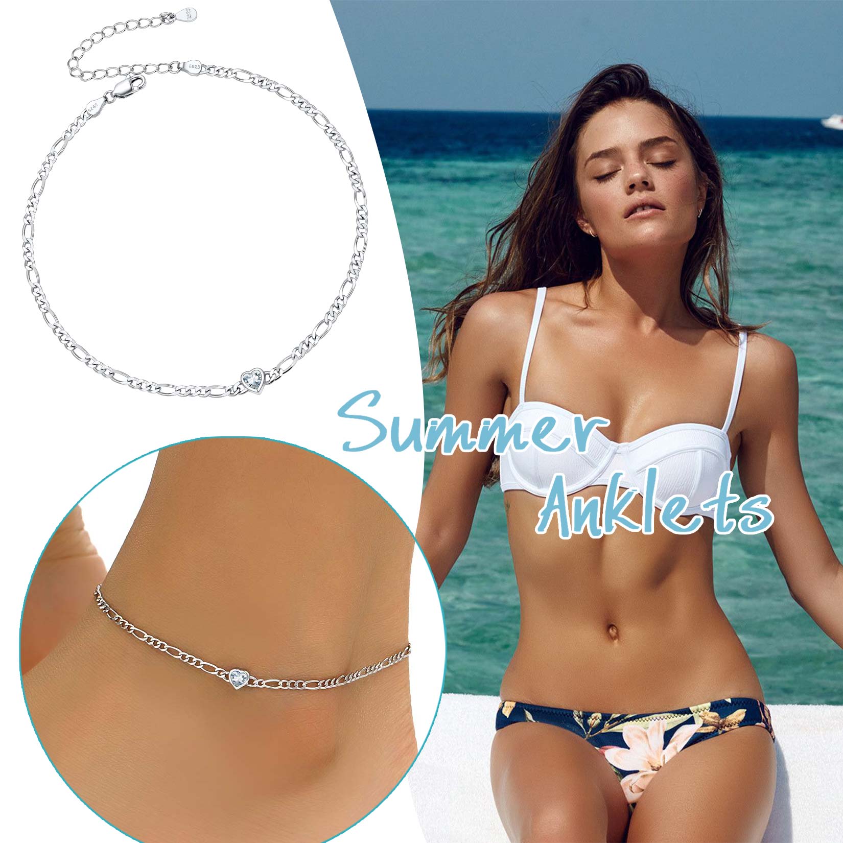 U7 Heart Anklet Bracelet for Women January Red Garnet Sterling Silver Figaro Anklet Charming Summer Jewelry Gift Beach Foot Chain for Teen Girls