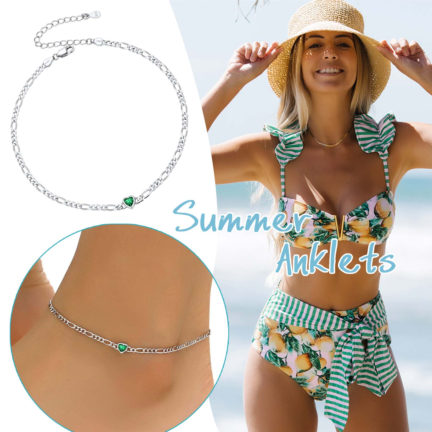 U7 Heart Anklet Bracelet for Women January Red Garnet Sterling Silver Figaro Anklet Charming Summer Jewelry Gift Beach Foot Chain for Teen Girls