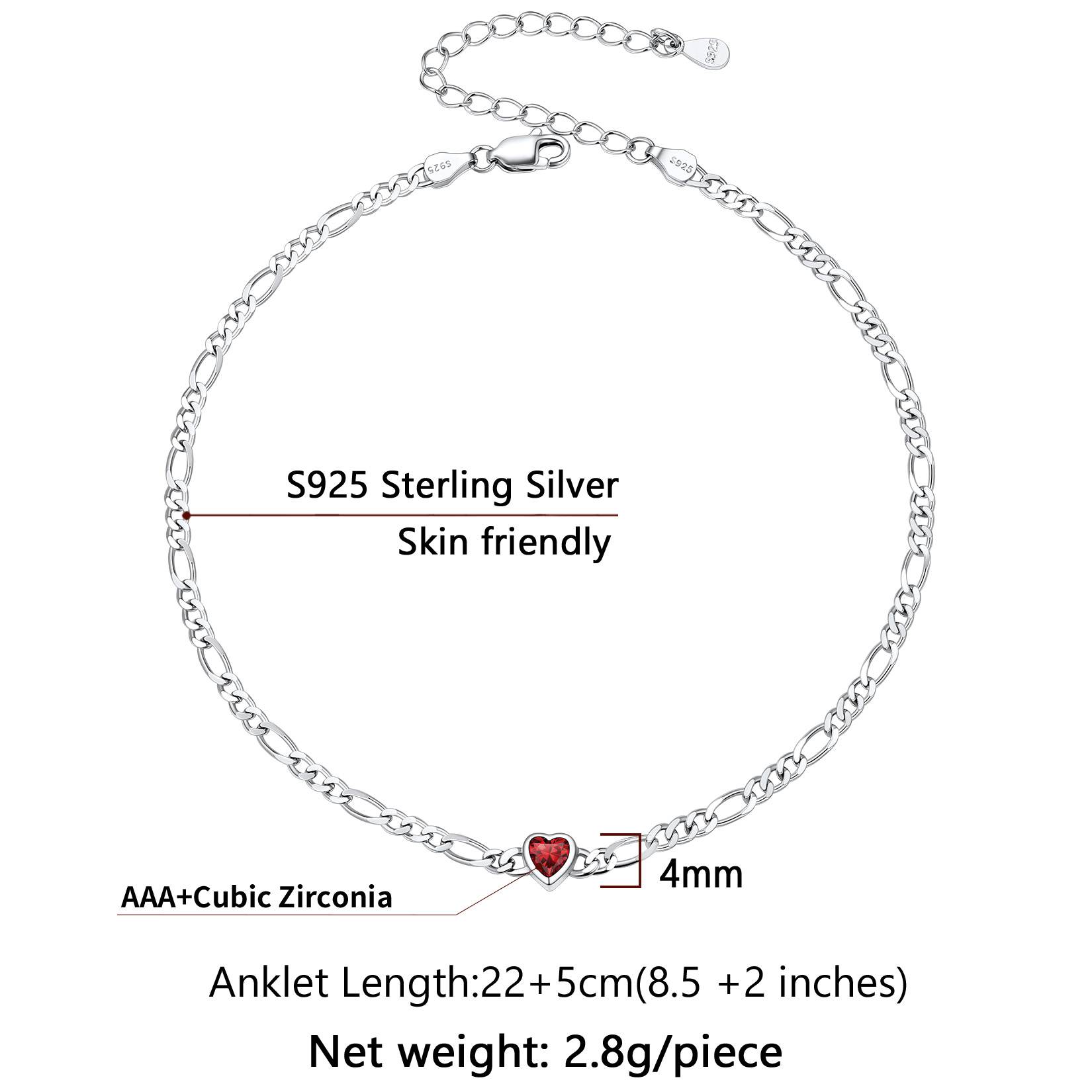 U7 Heart Anklet Bracelet for Women January Red Garnet Sterling Silver Figaro Anklet Charming Summer Jewelry Gift Beach Foot Chain for Teen Girls