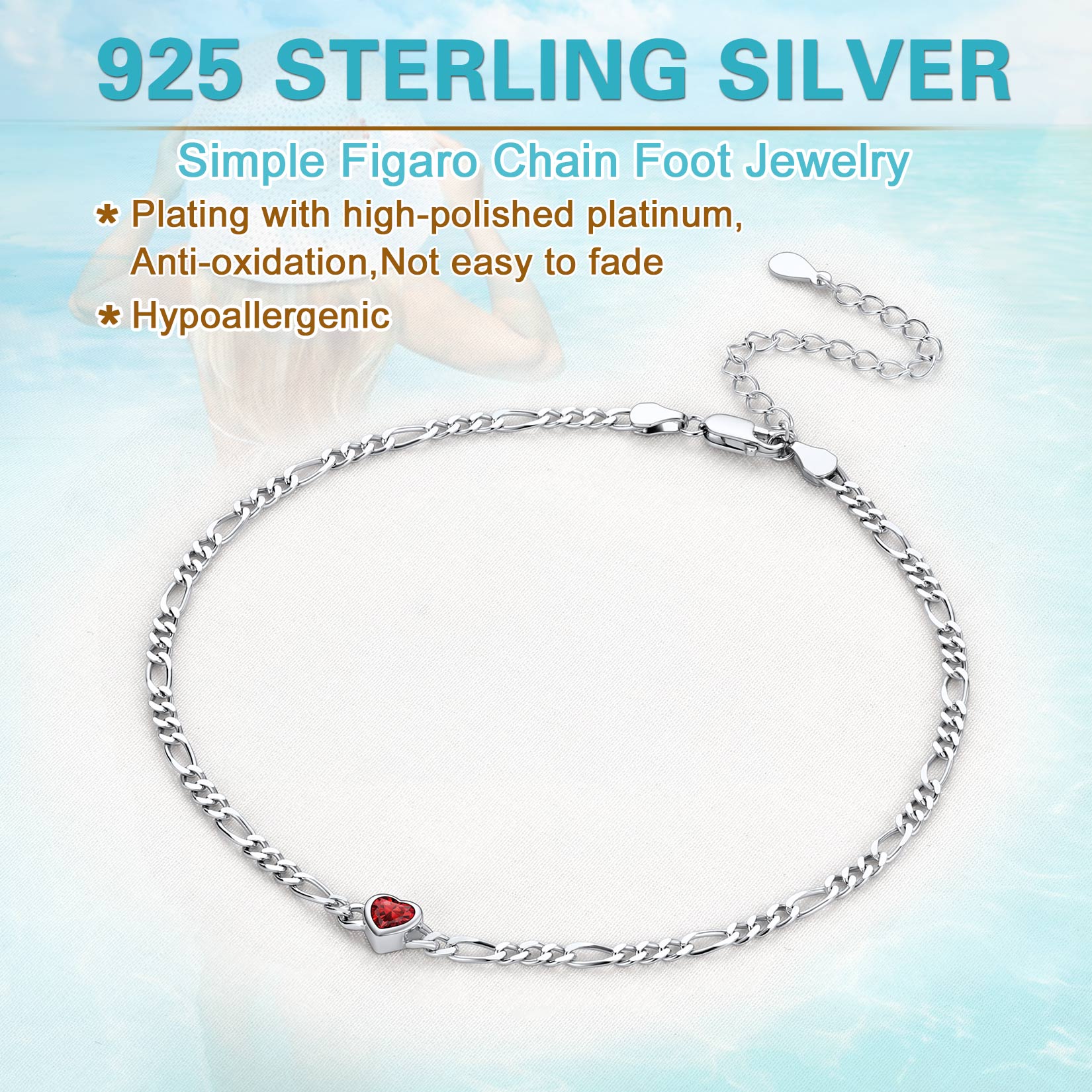 U7 Heart Anklet Bracelet for Women January Red Garnet Sterling Silver Figaro Anklet Charming Summer Jewelry Gift Beach Foot Chain for Teen Girls