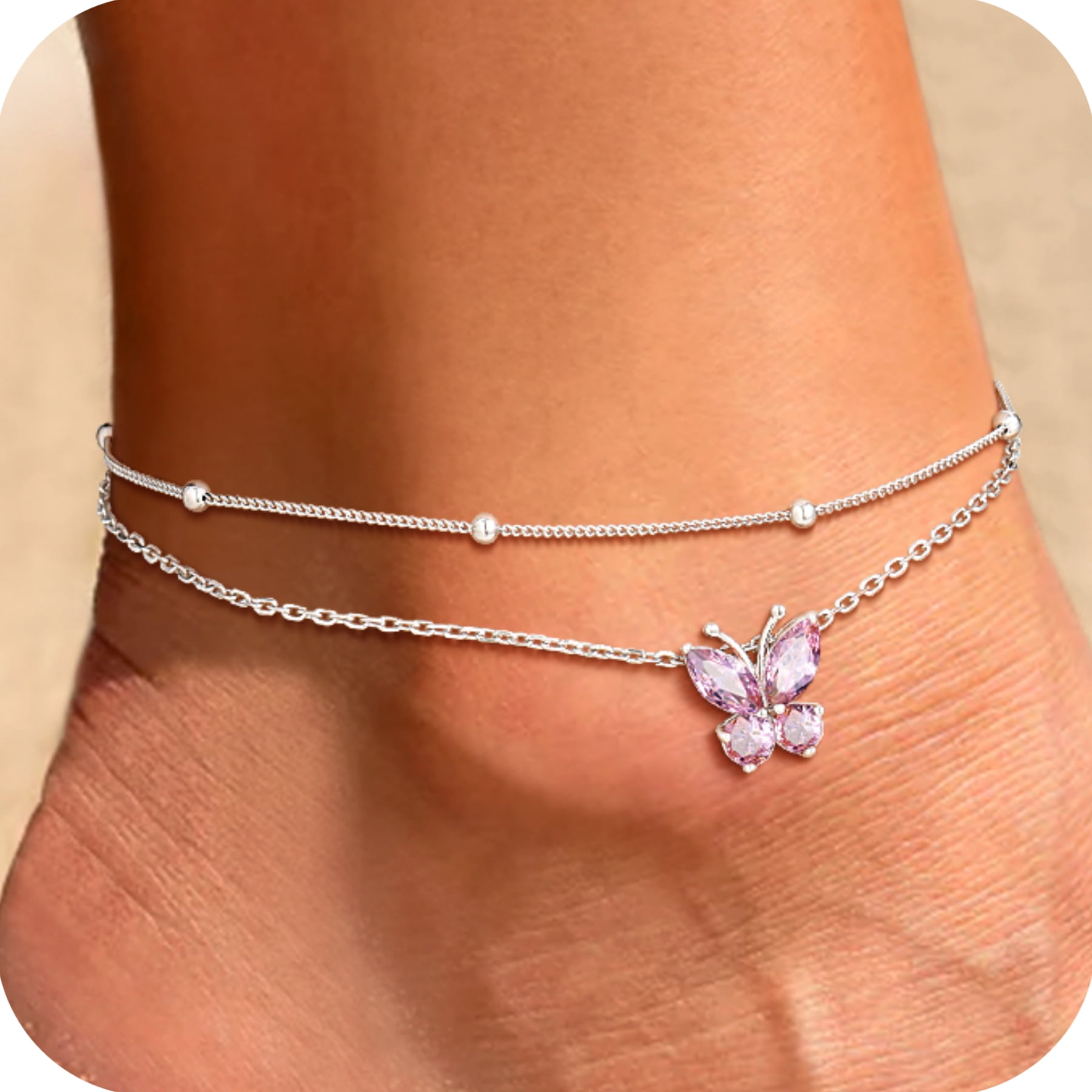 U7 Sterling Silver Butterfly Anklets for Women Girls Summer Beach Anklet S925 Foot Bracelet with Birthstone Birthday Mothers Day Jewelry Gift