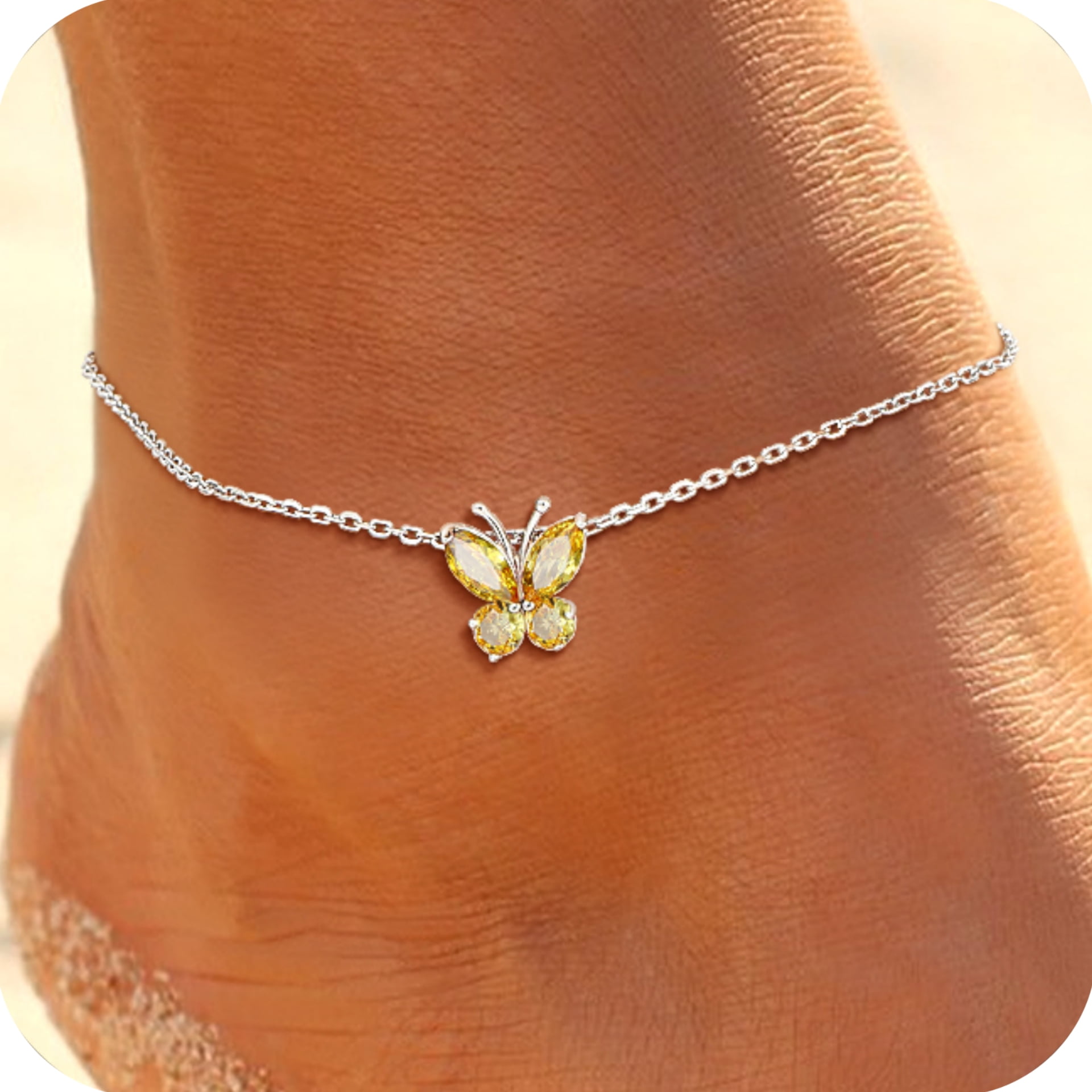 U7 Sterling Silver Butterfly Anklets for Women Girls Summer Beach Anklet S925 Foot Bracelet with Birthstone Birthday Mothers Day Jewelry Gift