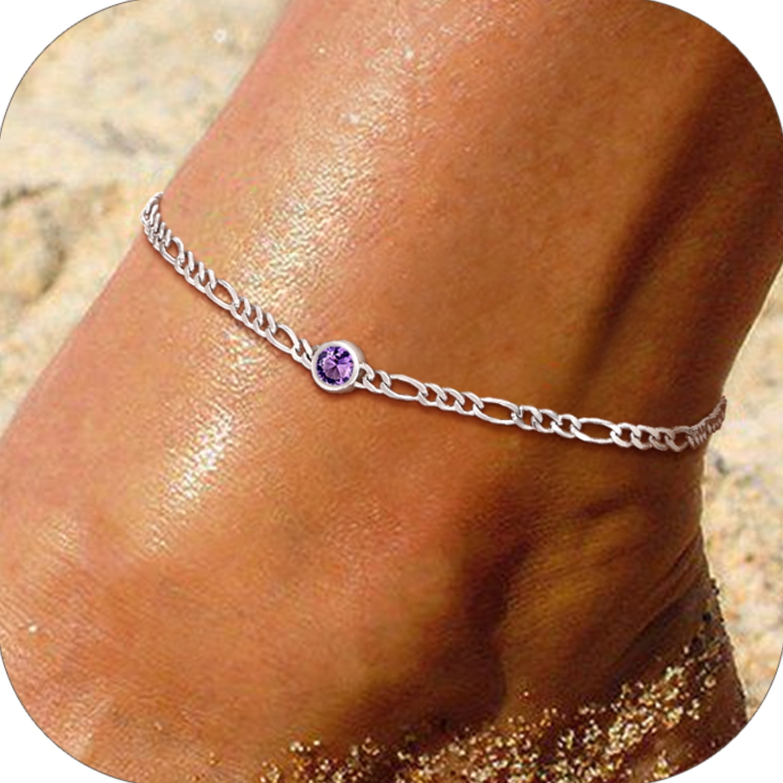 U7 Heart Anklet Bracelet for Women January Red Garnet Sterling Silver Figaro Anklet Charming Summer Jewelry Gift Beach Foot Chain for Teen Girls