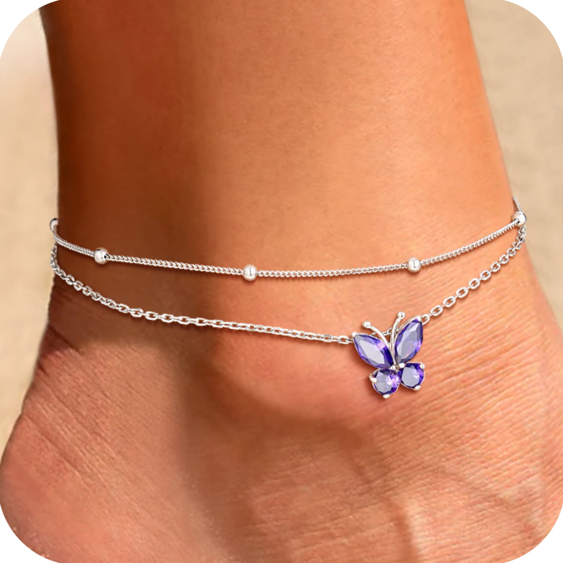 U7 Sterling Silver Butterfly Anklets for Women Girls Summer Beach Anklet S925 Foot Bracelet with Birthstone Birthday Mothers Day Jewelry Gift