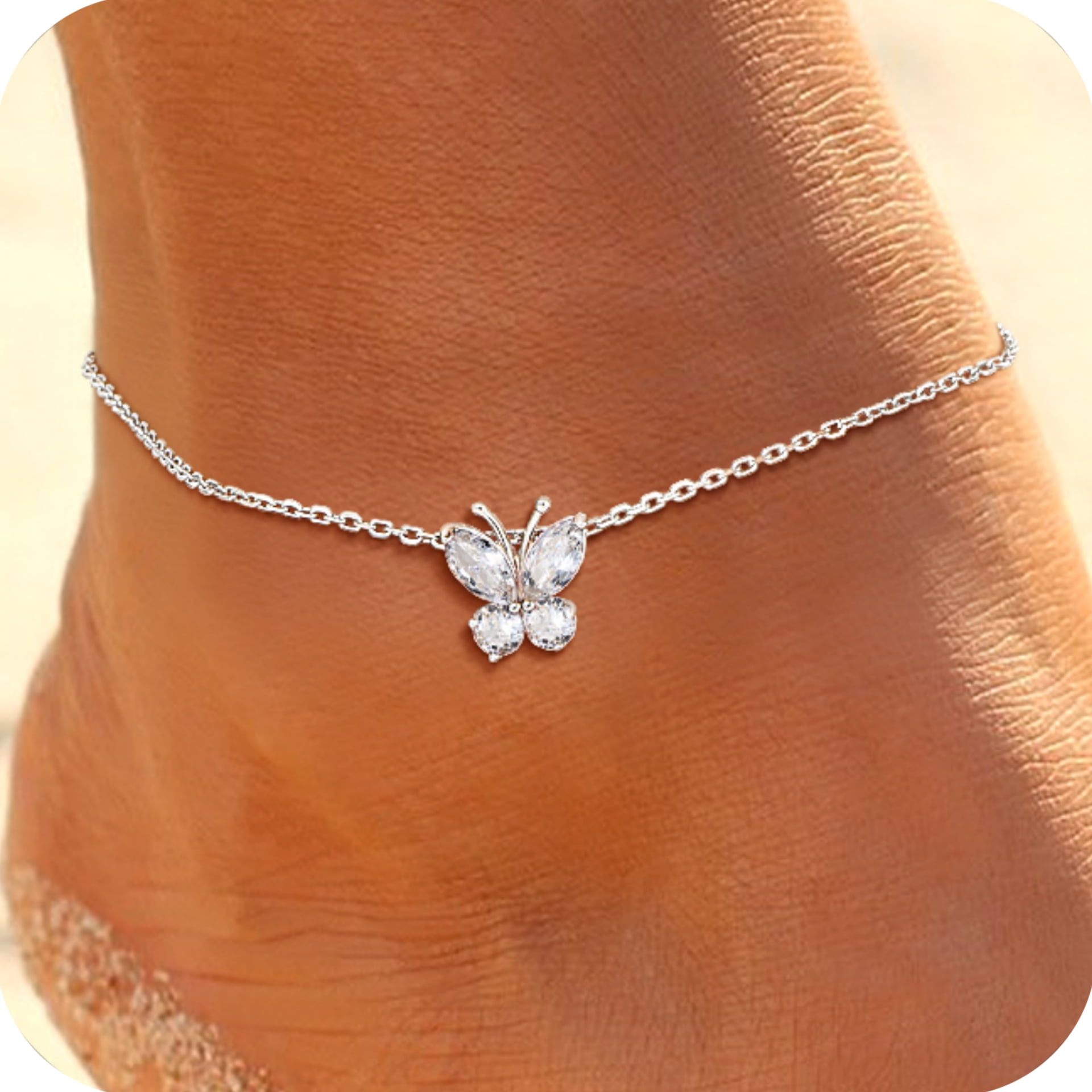 U7 Sterling Silver Butterfly Anklets for Women Girls Summer Beach Anklet S925 Foot Bracelet with Birthstone Birthday Mothers Day Jewelry Gift