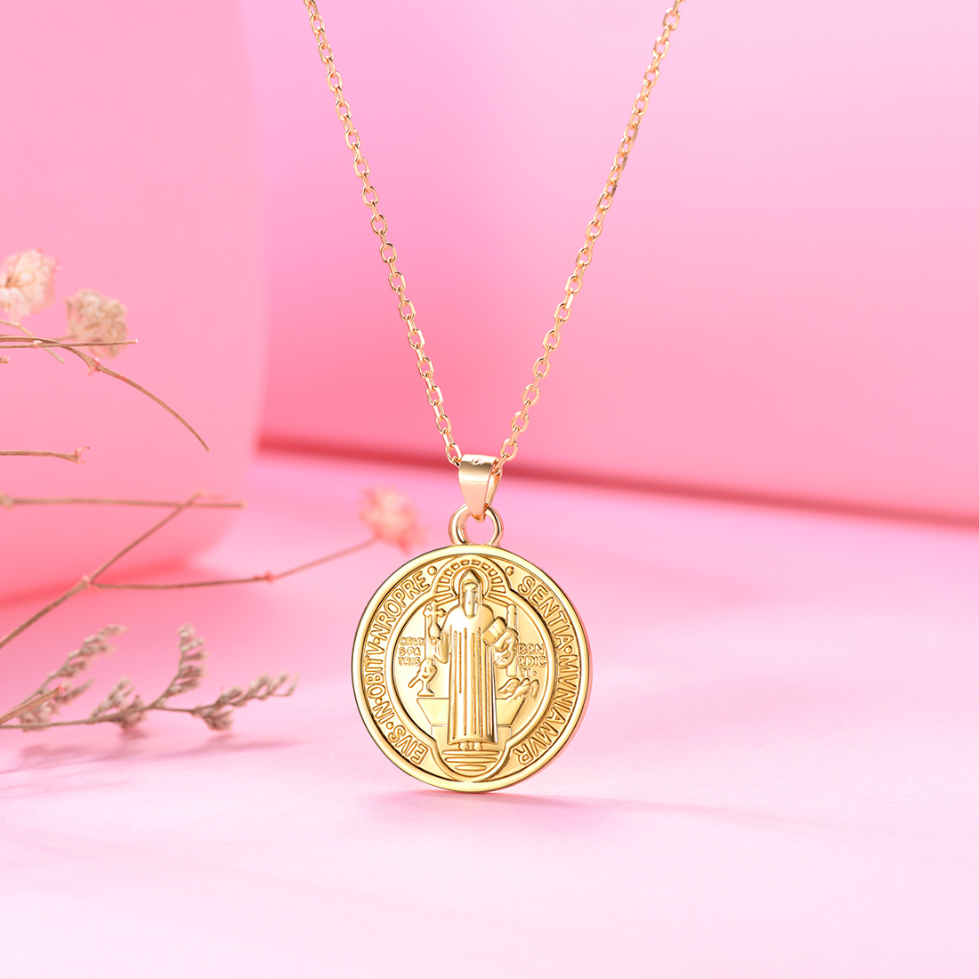 U7 Women Girl St Benedict Round Medal Pendant 925 Sterling Silver Dainty Necklace Chain 18inch