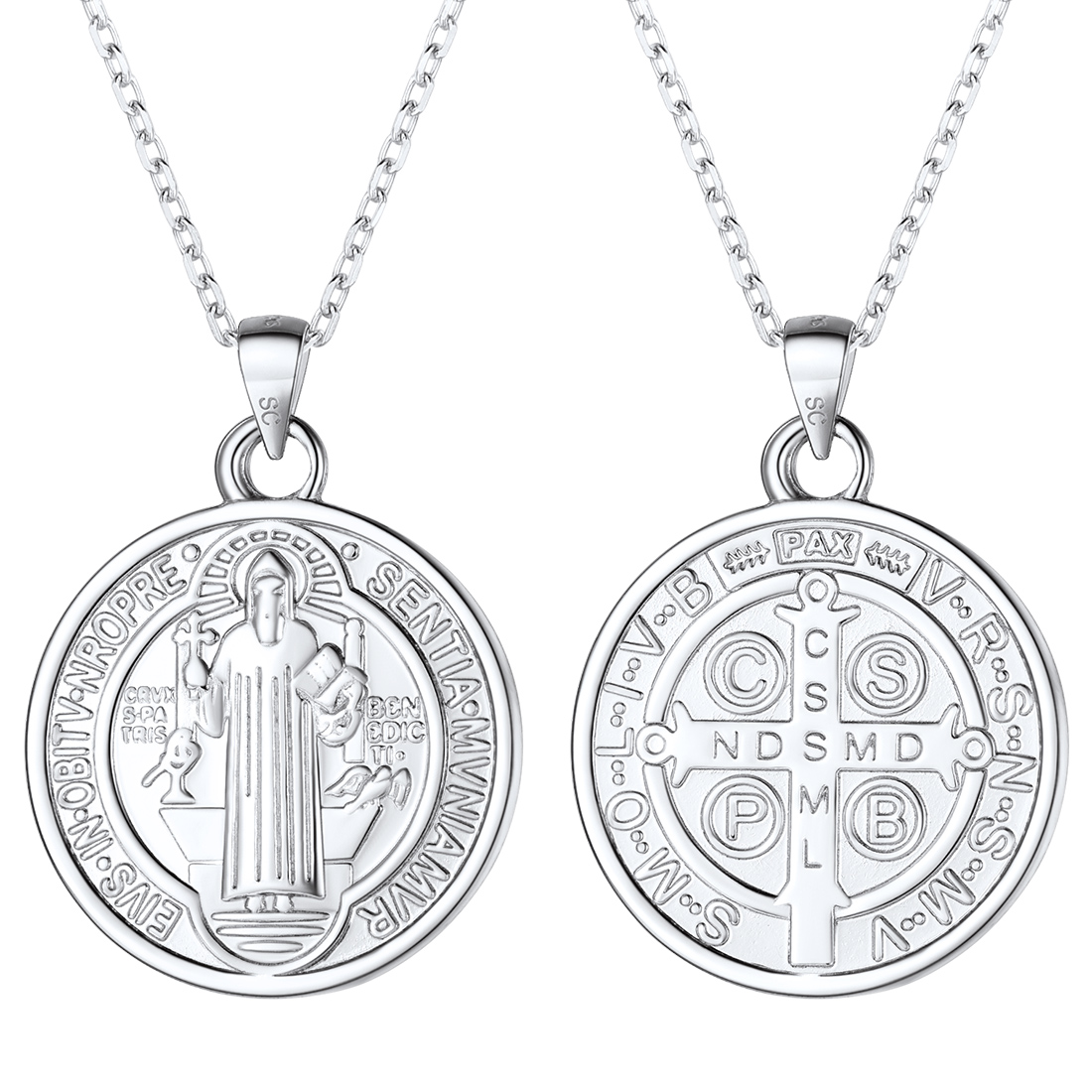U7 Women Girl St Benedict Round Medal Pendant 925 Sterling Silver Dainty Necklace Chain 18inch