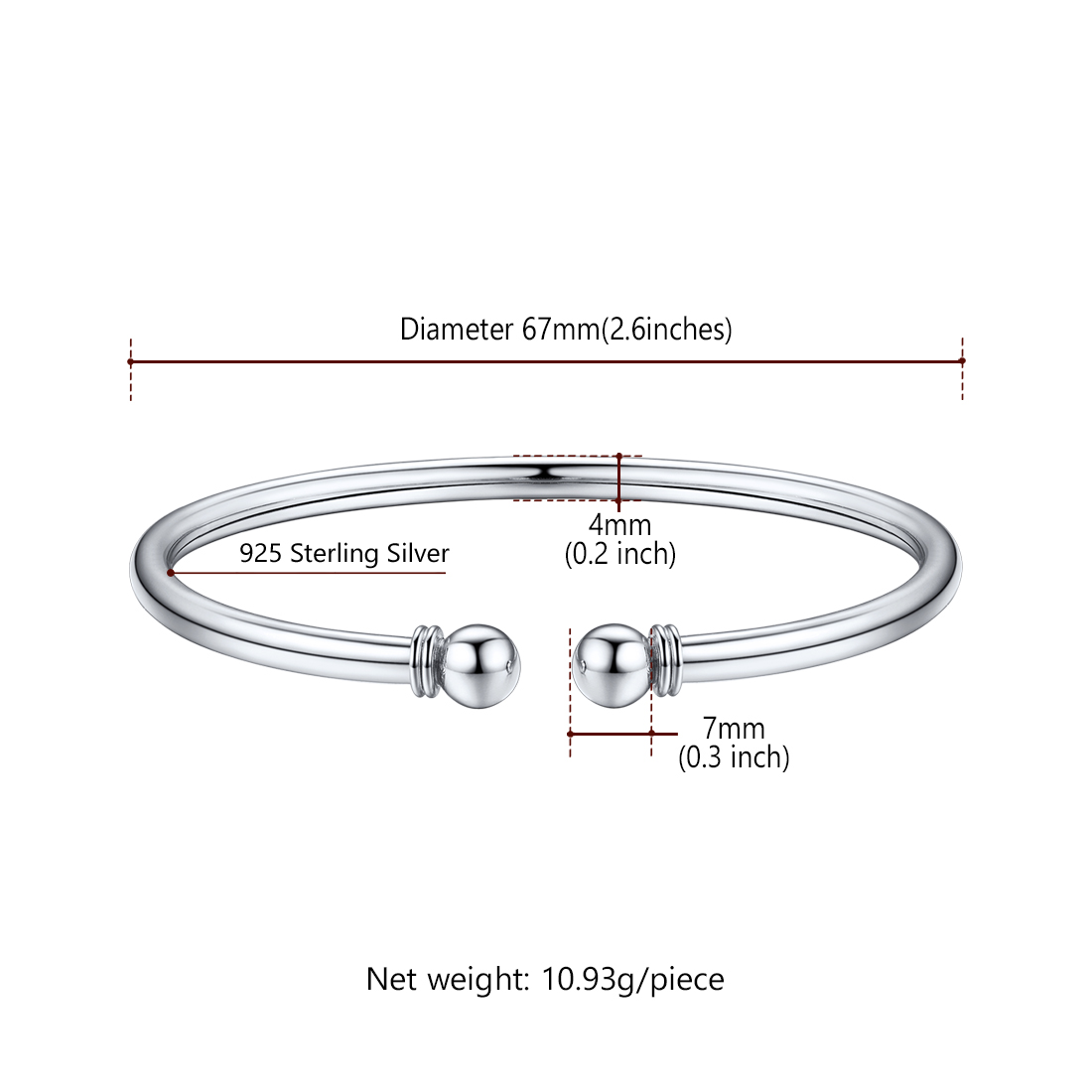 U7 Womens Bracelets 925 Sterling Silver Open Bangle Bracelet 7mm Round Ball Trendy Cuff Bangle Gift for Teens Girl