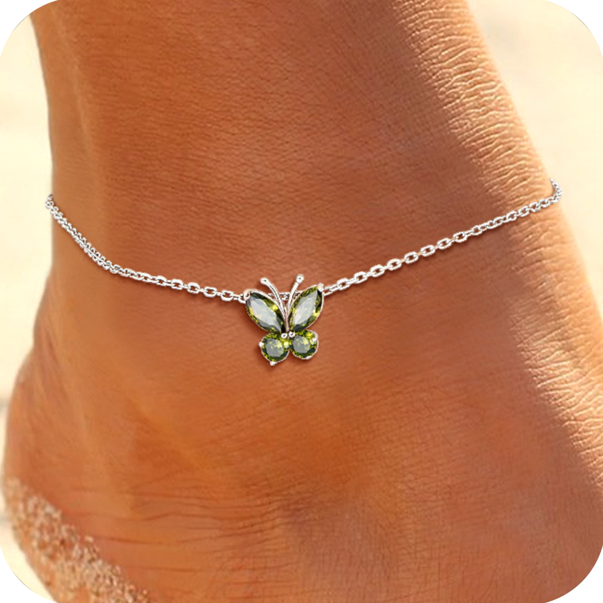 U7 Sterling Silver Butterfly Anklets for Women Girls Summer Beach Anklet S925 Foot Bracelet with Birthstone Birthday Mothers Day Jewelry Gift