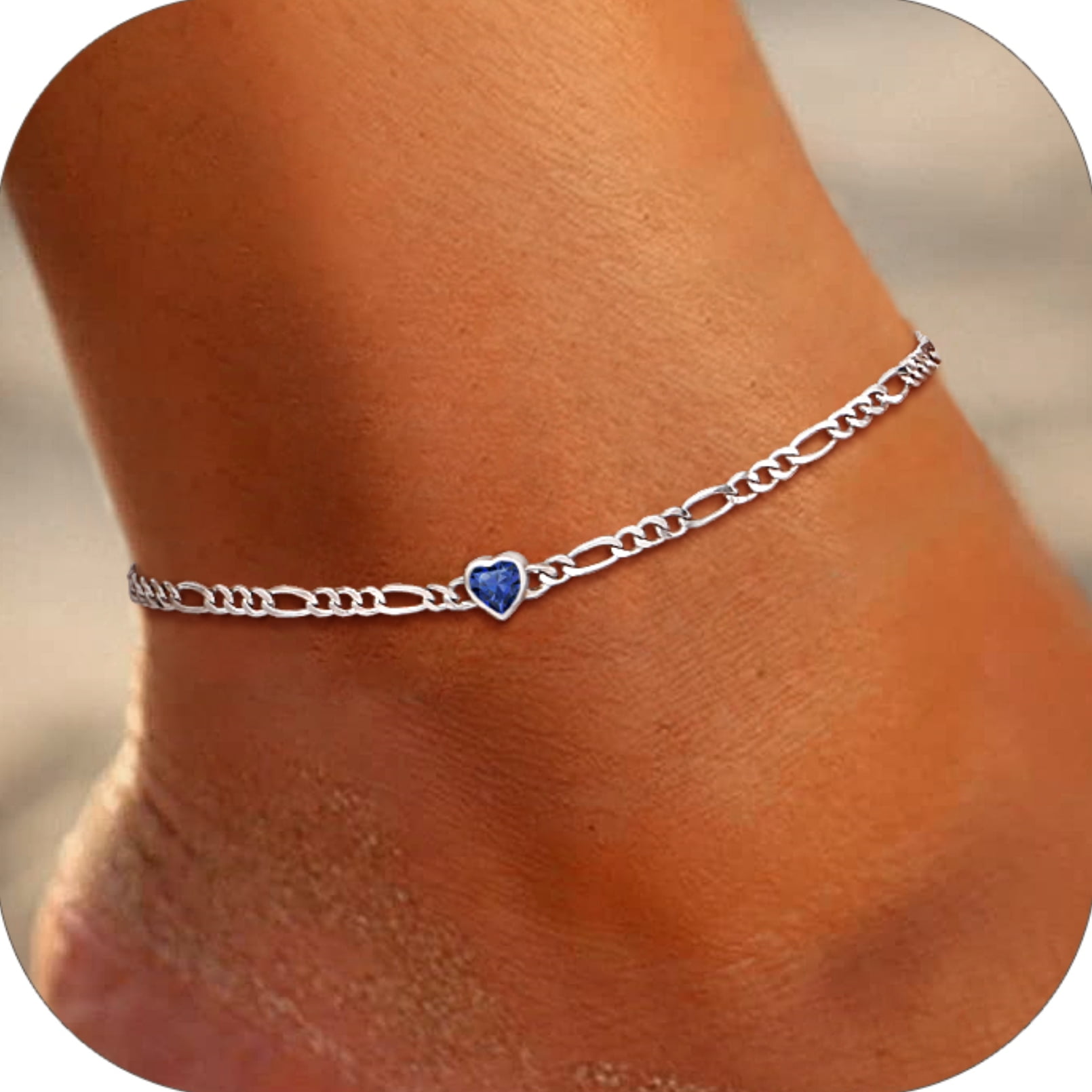 U7 Heart Anklet Bracelet for Women January Red Garnet Sterling Silver Figaro Anklet Charming Summer Jewelry Gift Beach Foot Chain for Teen Girls