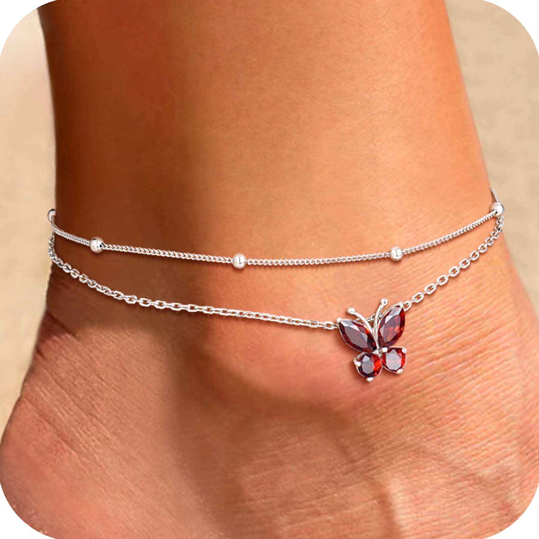 U7 Sterling Silver Butterfly Anklets for Women Girls Summer Beach Anklet S925 Foot Bracelet with Birthstone Birthday Mothers Day Jewelry Gift