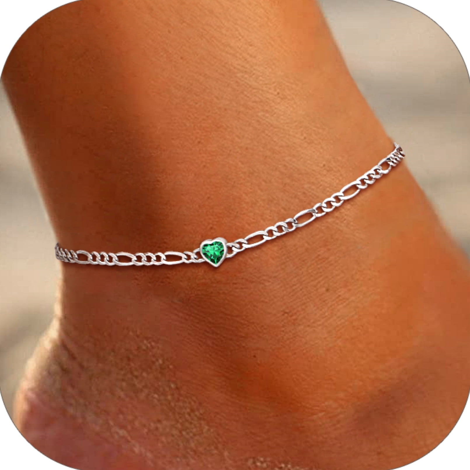 U7 Heart Anklet Bracelet for Women January Red Garnet Sterling Silver Figaro Anklet Charming Summer Jewelry Gift Beach Foot Chain for Teen Girls