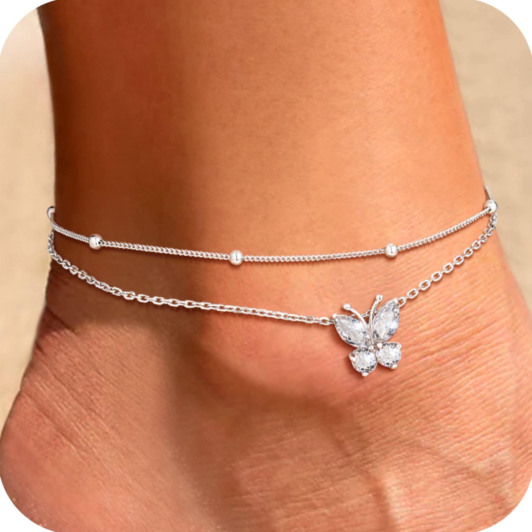U7 Sterling Silver Butterfly Anklets for Women Girls Summer Beach Anklet S925 Foot Bracelet with Birthstone Birthday Mothers Day Jewelry Gift