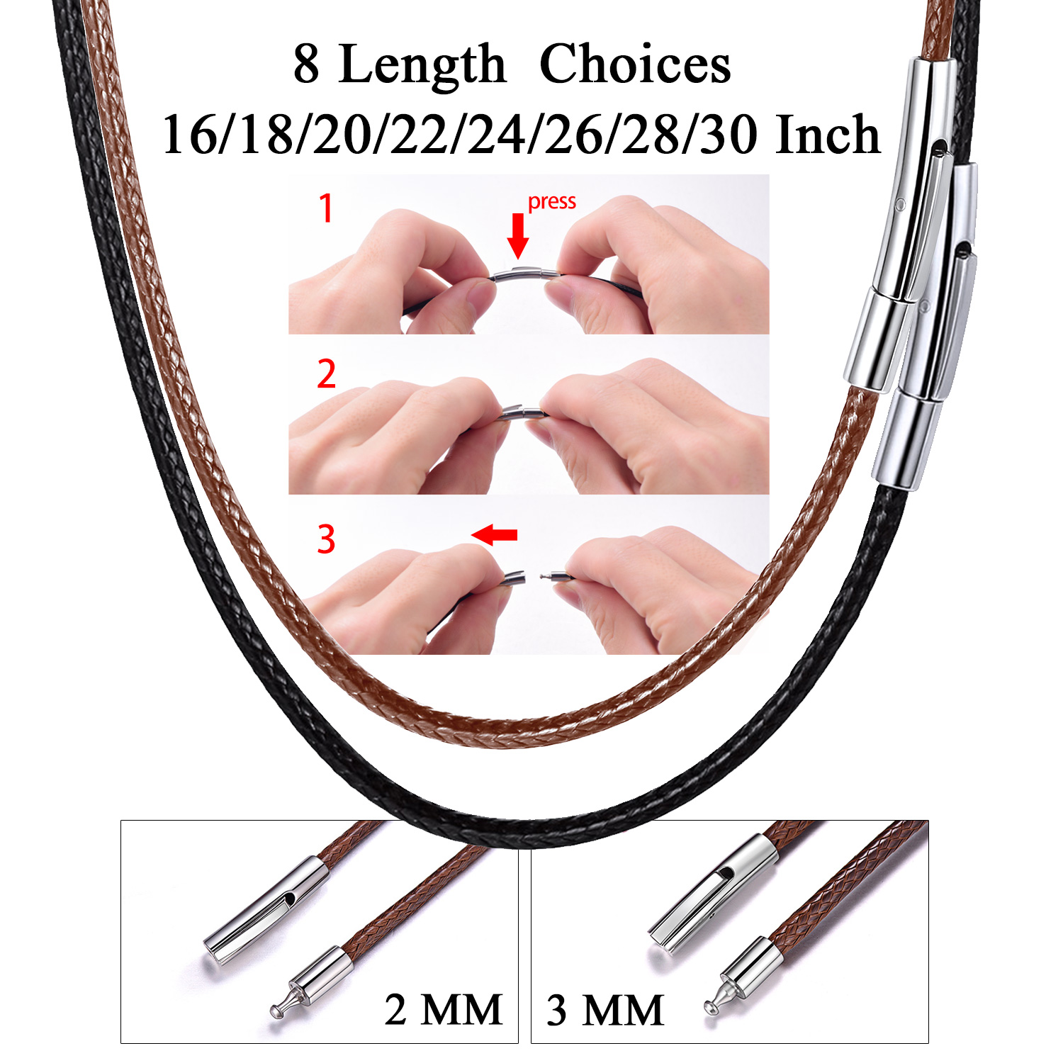 U7 Black Braided Leather Cord 2mm Necklace with Stainless Steel Clasp for Men Women 16"-30" Wax Rope Chain Pendant