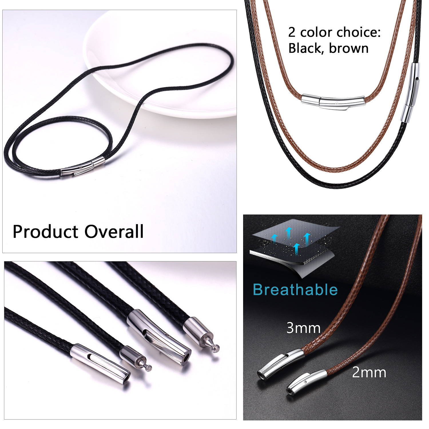 U7 Black Braided Leather Cord 2mm Necklace with Stainless Steel Clasp for Men Women 16"-30" Wax Rope Chain Pendant