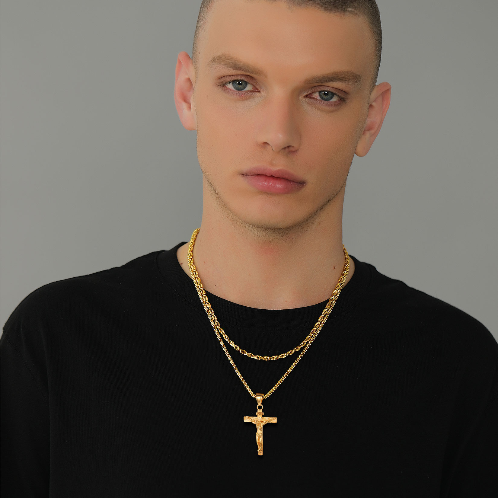 U7 Crucifix Jesus Cross Pendant Necklace Stainless Steel Religious Jewelry for Men Boyfriend Christmas Gift, 22"+2"