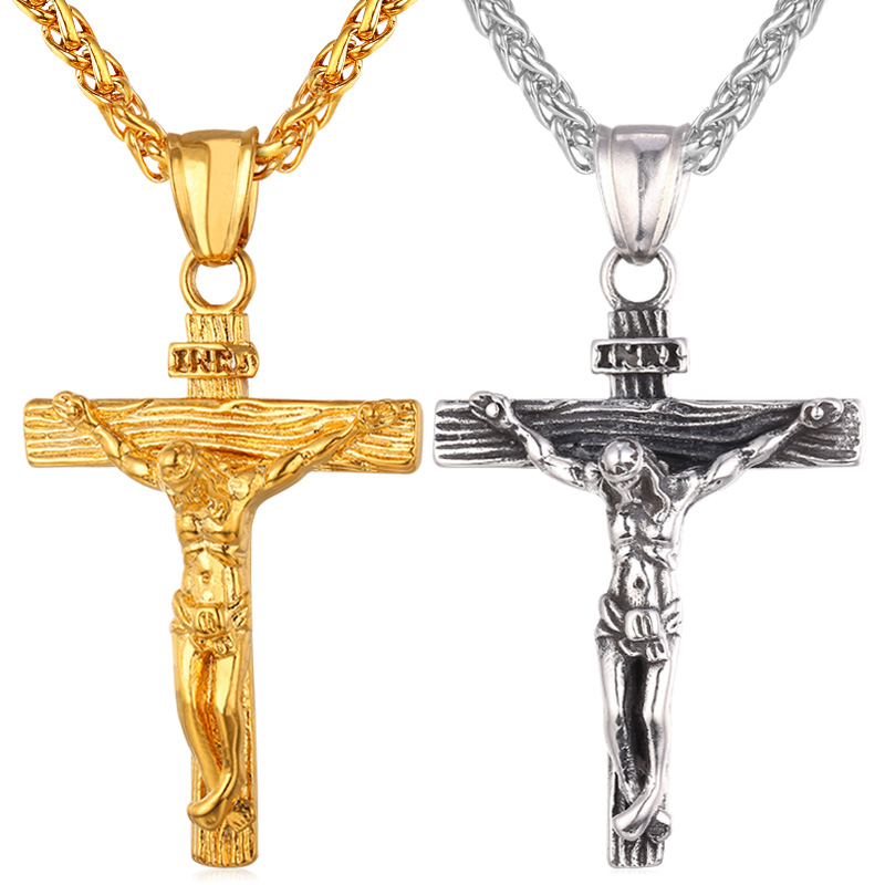 U7 Crucifix Jesus Cross Pendant Necklace Stainless Steel Religious Jewelry for Men Boyfriend Christmas Gift, 22"+2"