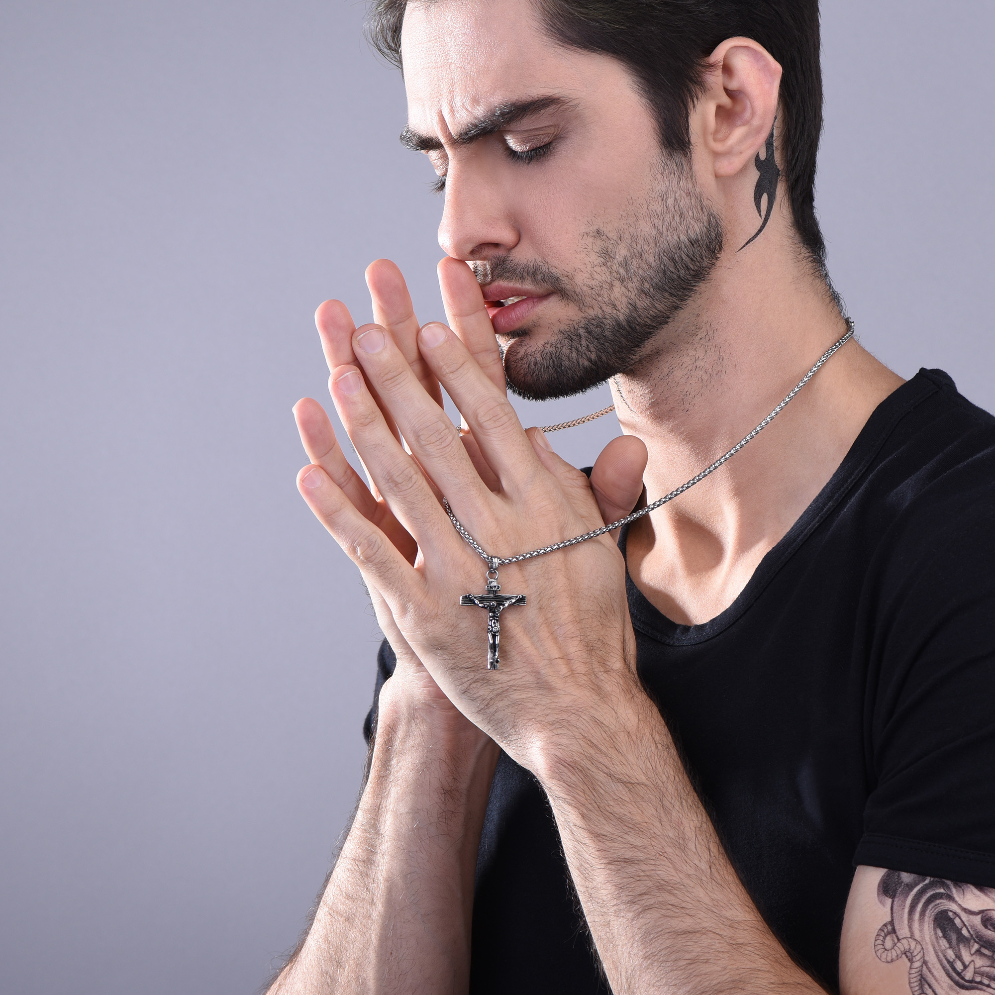 U7 Crucifix Jesus Cross Pendant Necklace Stainless Steel Religious Jewelry for Men Boyfriend Christmas Gift, 22"+2"