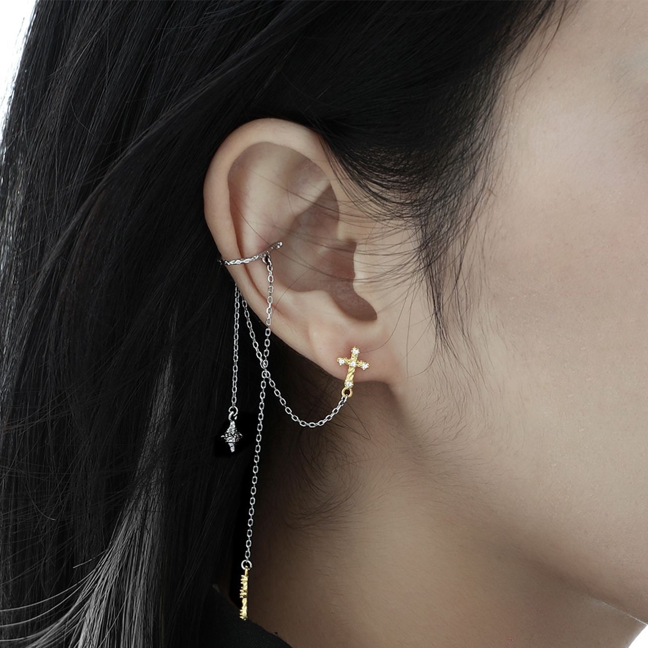 Gold Cross Silver Chain Ear Cuff | Jentle Jewelry