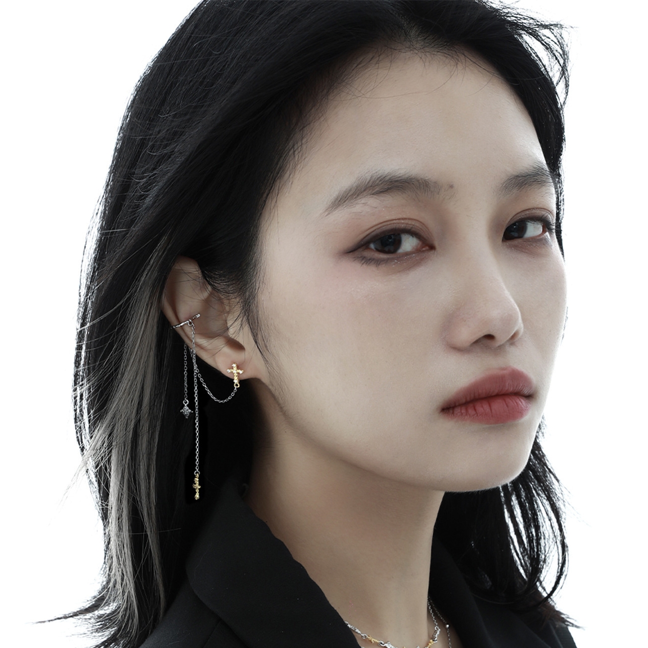 Gold Cross Silver Chain Ear Cuff | Jentle Jewelry