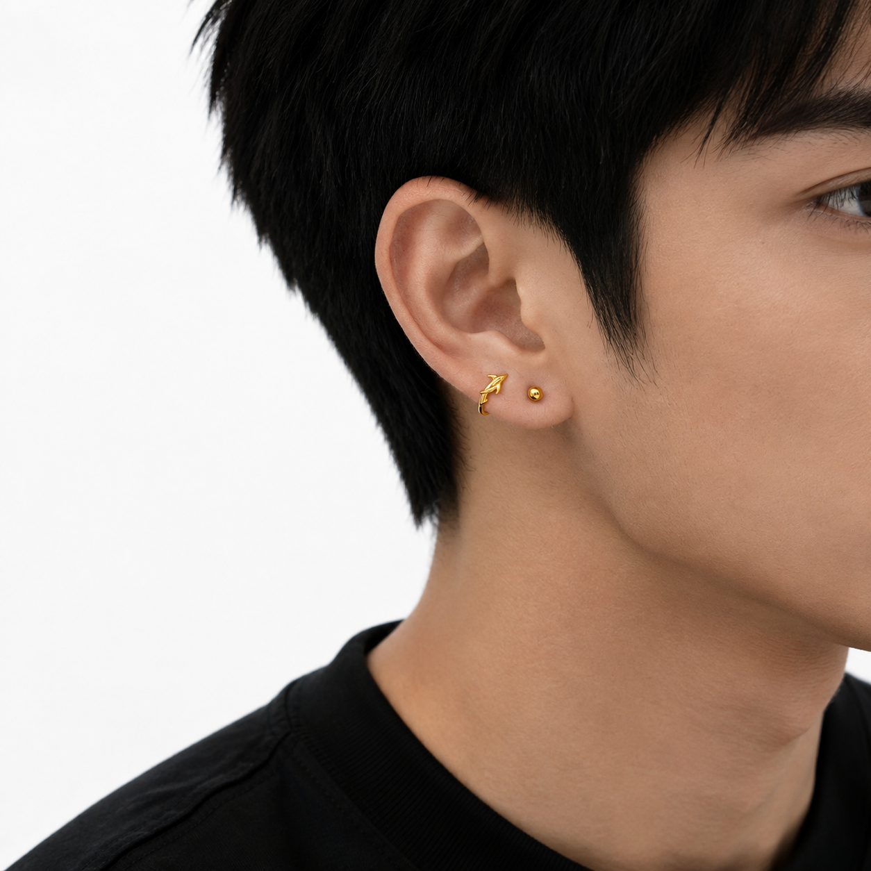 Moana N°2 Ear Studs Gold styled on ear, side profile