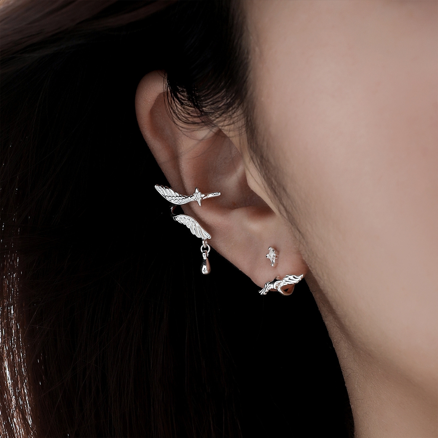 Angel Ear Cuff worn on ear, layered with Angel N°1 Ear Studs