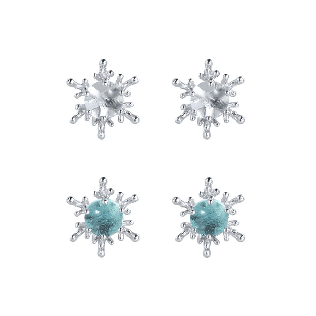 Crystal snowflake sterling silver ear studs in silver and blue