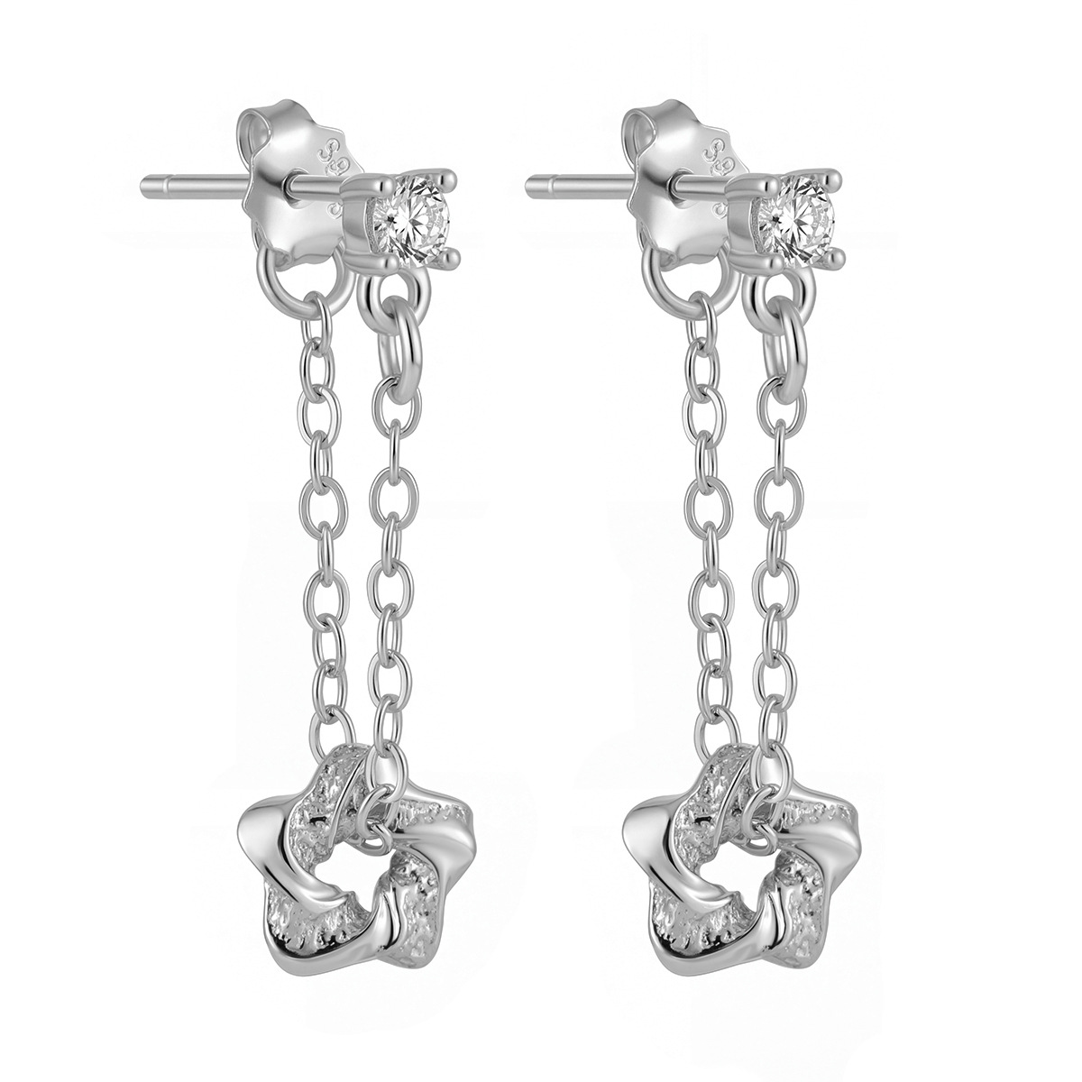 Dara N°7 silver drop ear studs with double chains