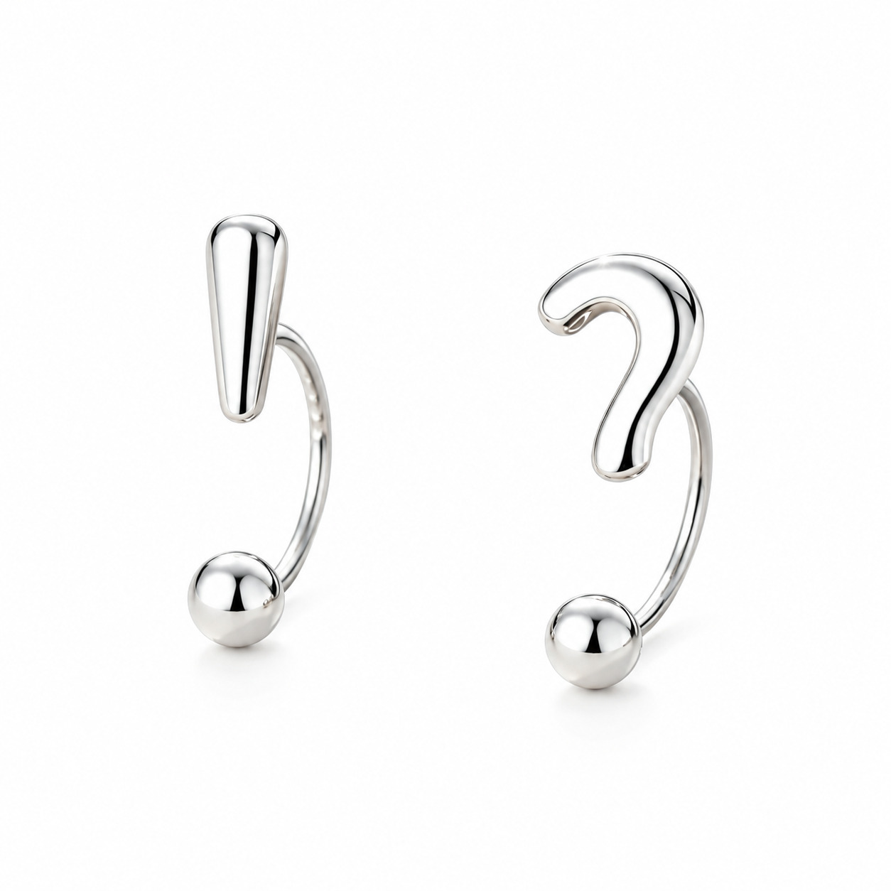 Silver question mark and exclamation mark inspired ear studs