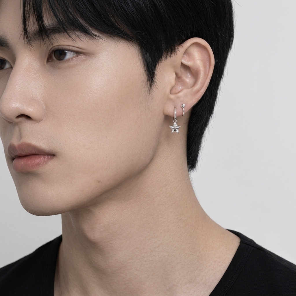Star drop earring with curved design worn by a male model
