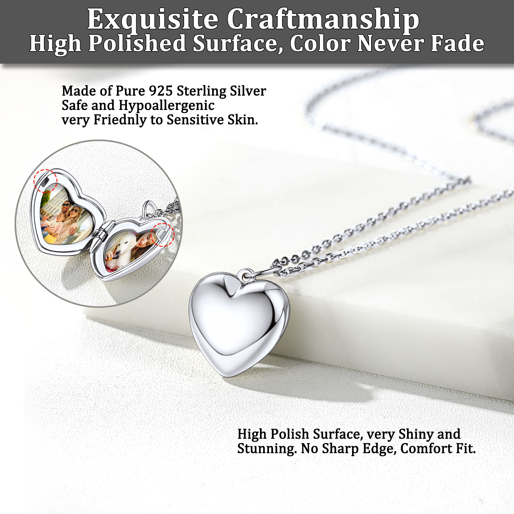 Bestyle Sterling Silver Heart Locket Necklace for Women, Dainty Cute Small Heart Locket Pendant in Gold/Rose Gold/Silver, Love Statement Jewelry Gift for Mother Wife