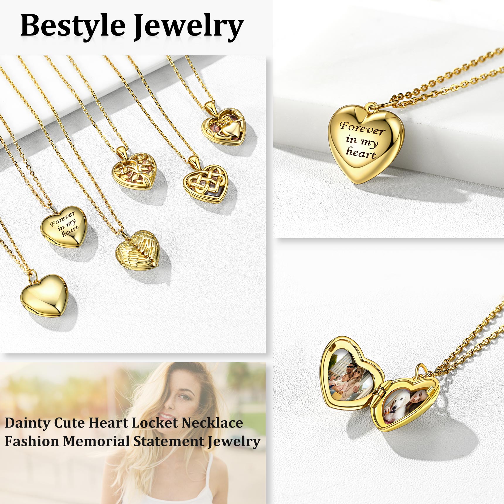 Bestyle Sterling Silver Heart Locket Necklace for Women, Dainty Cute Small Heart Locket Pendant in Gold/Rose Gold/Silver, Love Statement Jewelry Gift for Mother Wife