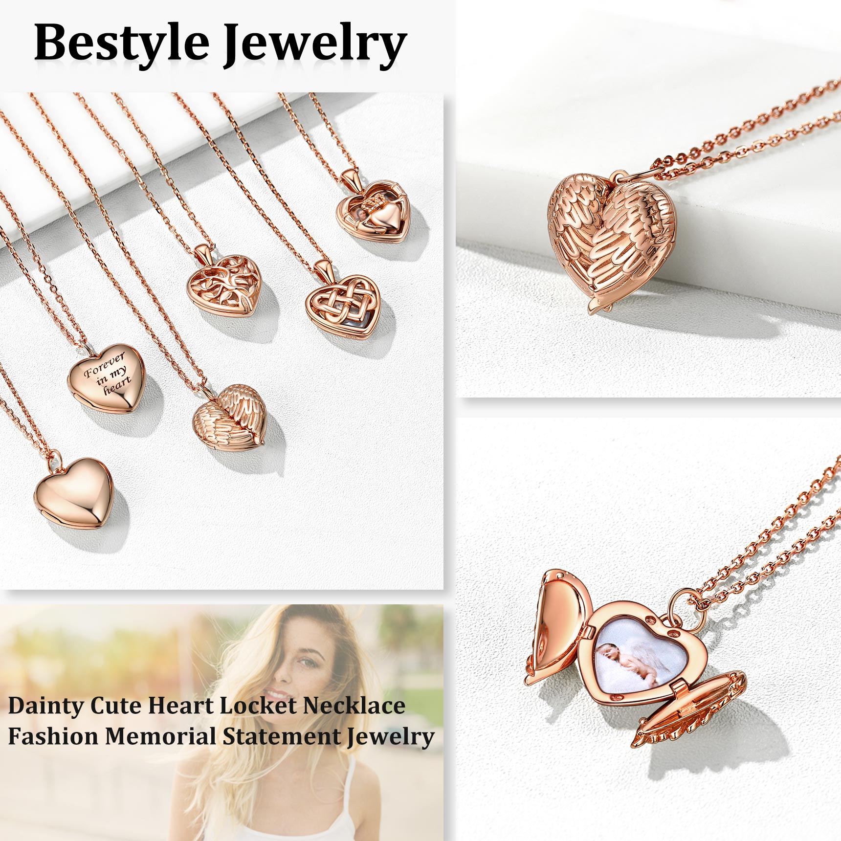 Bestyle Sterling Silver Heart Locket Necklace for Women, Dainty Cute Small Heart Locket Pendant in Gold/Rose Gold/Silver, Love Statement Jewelry Gift for Mother Wife