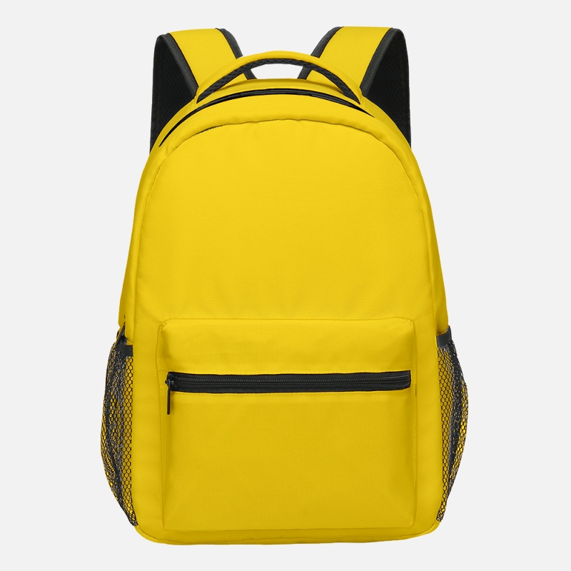 Plain Yellow Backpack Oxford 16" Backpack with Mesh Side Pockets Zipper Closure Computer Compartment Inside
