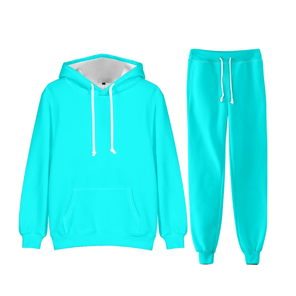 Blue Long Sleeve Pullover Hoodie and Jogger Pants Plain Blue Outfit 2 Pieces Suit Unisex Clothing for Adult