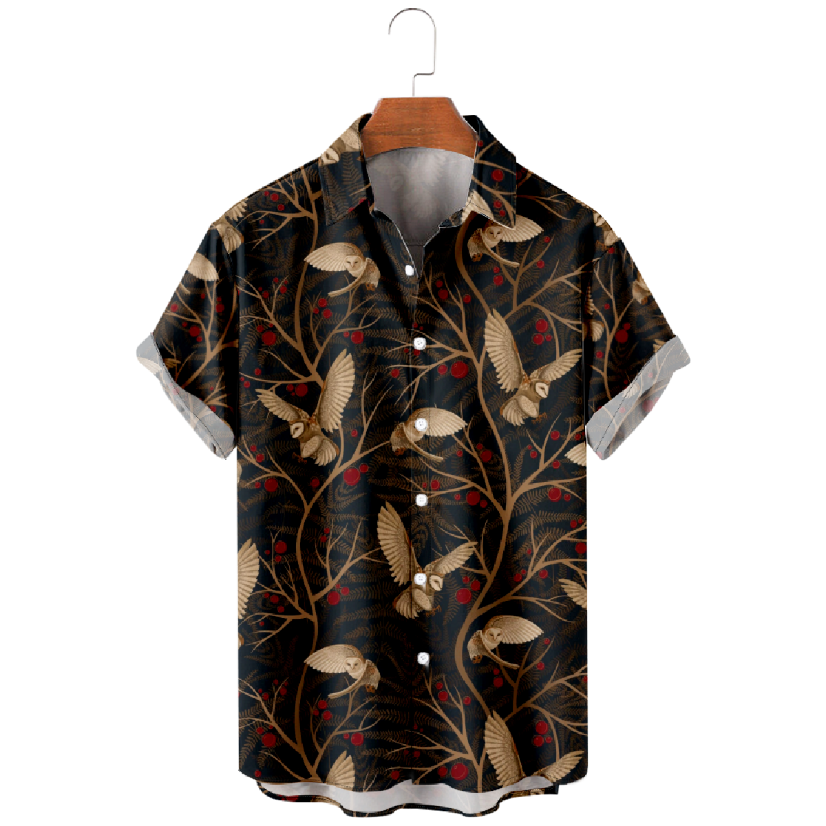 Cute Owl Print Button Up Shirt Mens Short Sleeve Shirt Regular Fit Straight Collar 