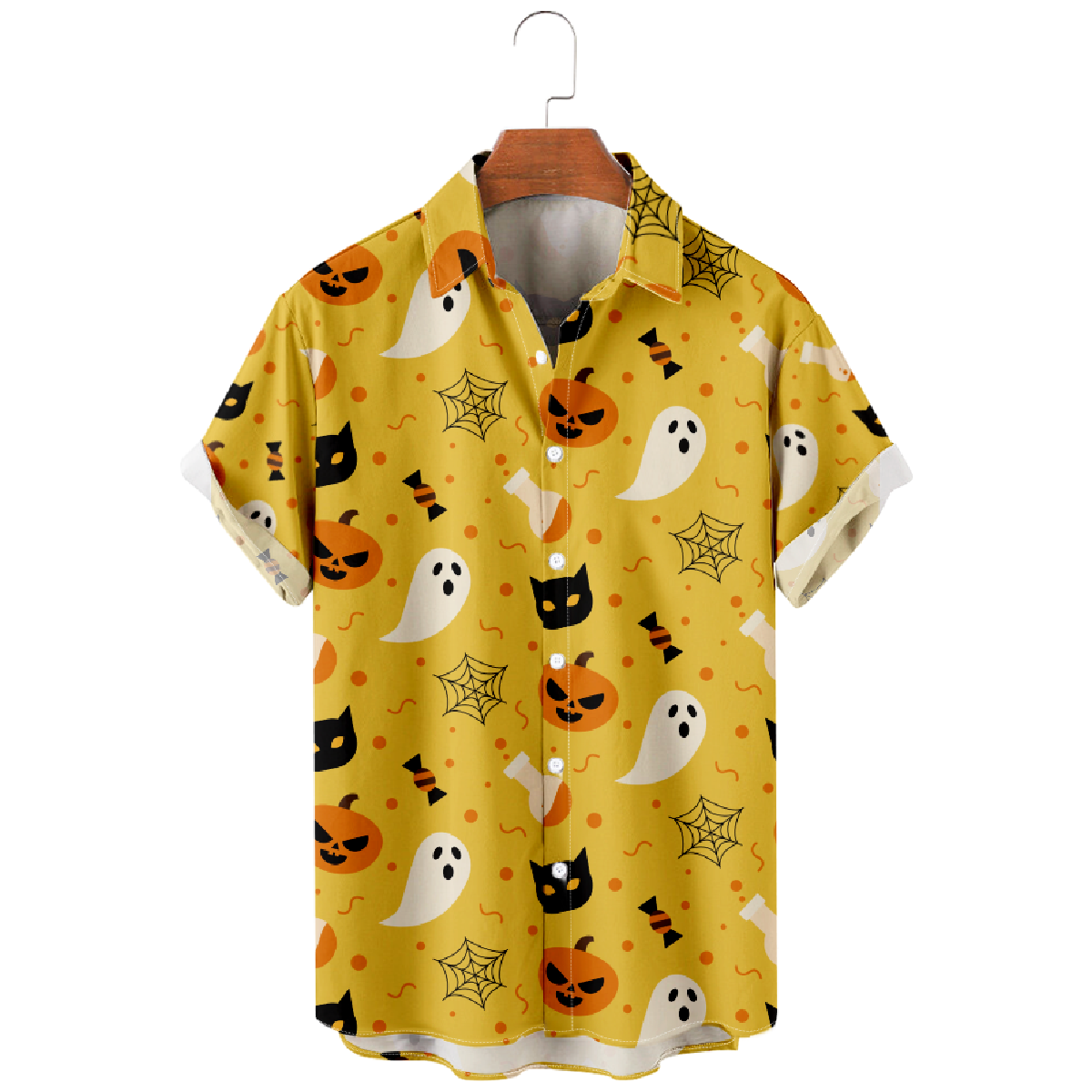 uhoodie Halloween Hawaiian Button Up Shirt for Men Short Sleeve Yellow Costume