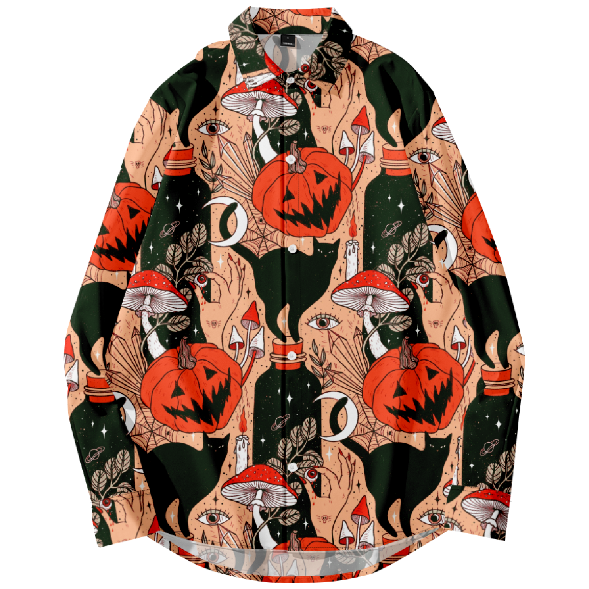 uhoodie Halloween Pumpkin Hawaiian Long Sleeve Button Shirt for Men Regular Fit 