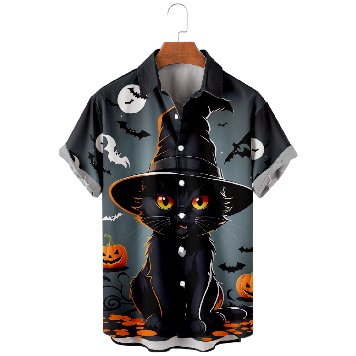 Black Cat Witch Hawaiian Shirt Short Sleeve Button Up Shirt Mens Halloween Shirt