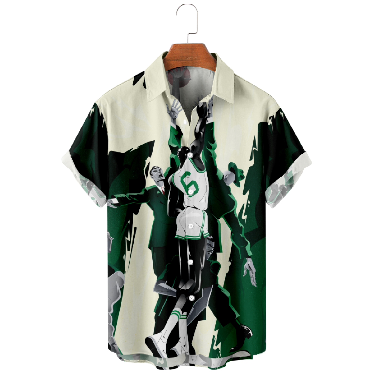 Boston Basketball Number 6 Button Up Shirt Mens Dark Green Short Sleeve Shirt 