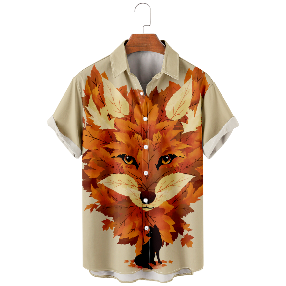 Fox and Nature Button Up Shirt Mens Short Sleeve Shirt Autuman Leaves and Fox Graphic Print