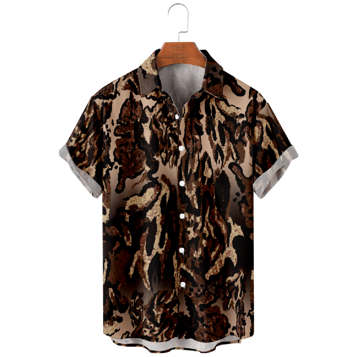 Brown Pattern Button Up Shirt for Men Short Sleeve Shirt Casual Shirt
