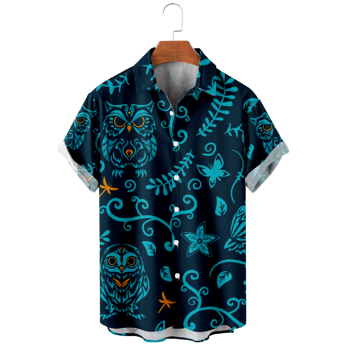 Owl and Flower Print Hawaiian Shirt Men's Short Sleeve Shirt Straight Collar Regular Fit