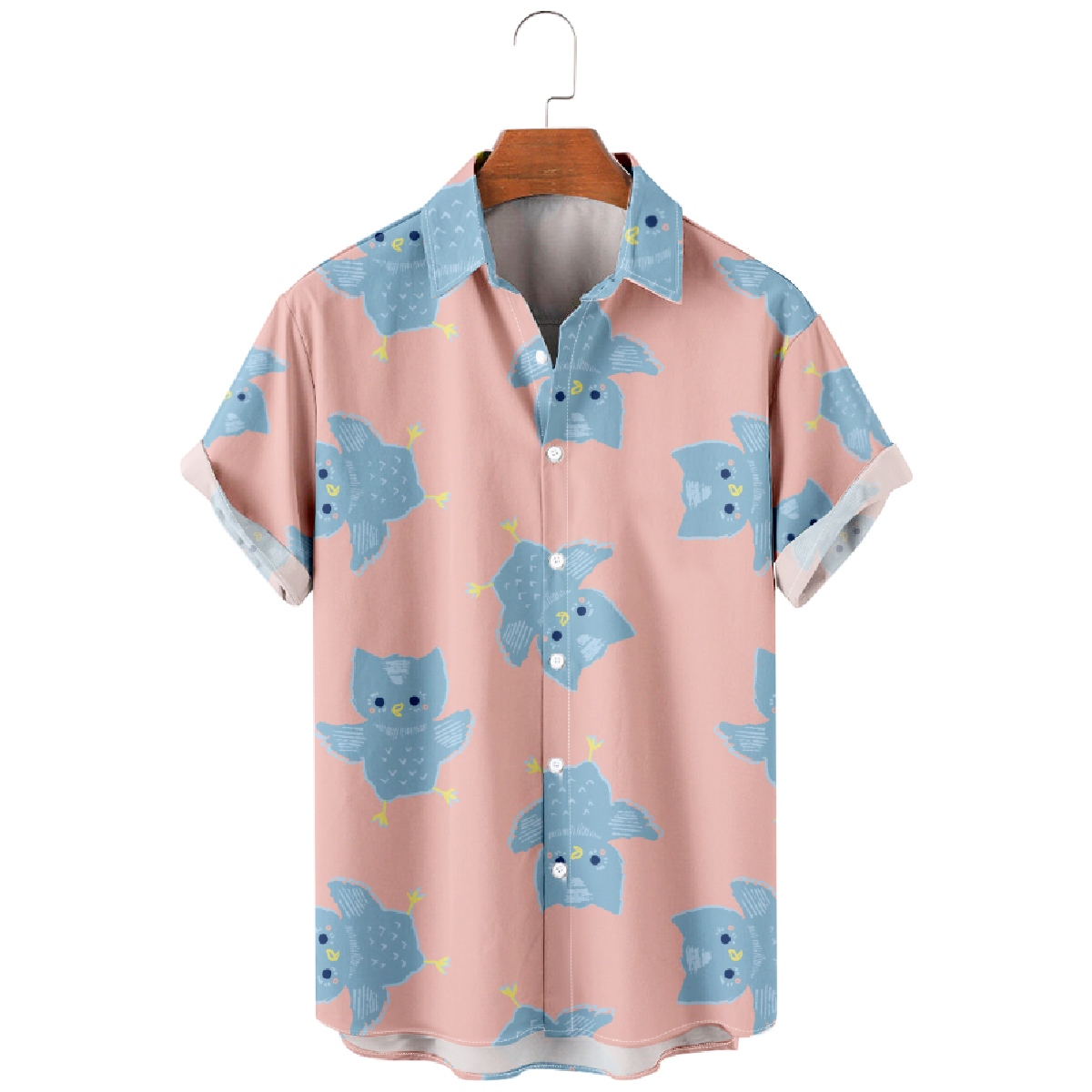 Cute Owl Graphic Print Short Sleeve Shirt Men's Pink Shirt Regular Fit Breathable Shirt