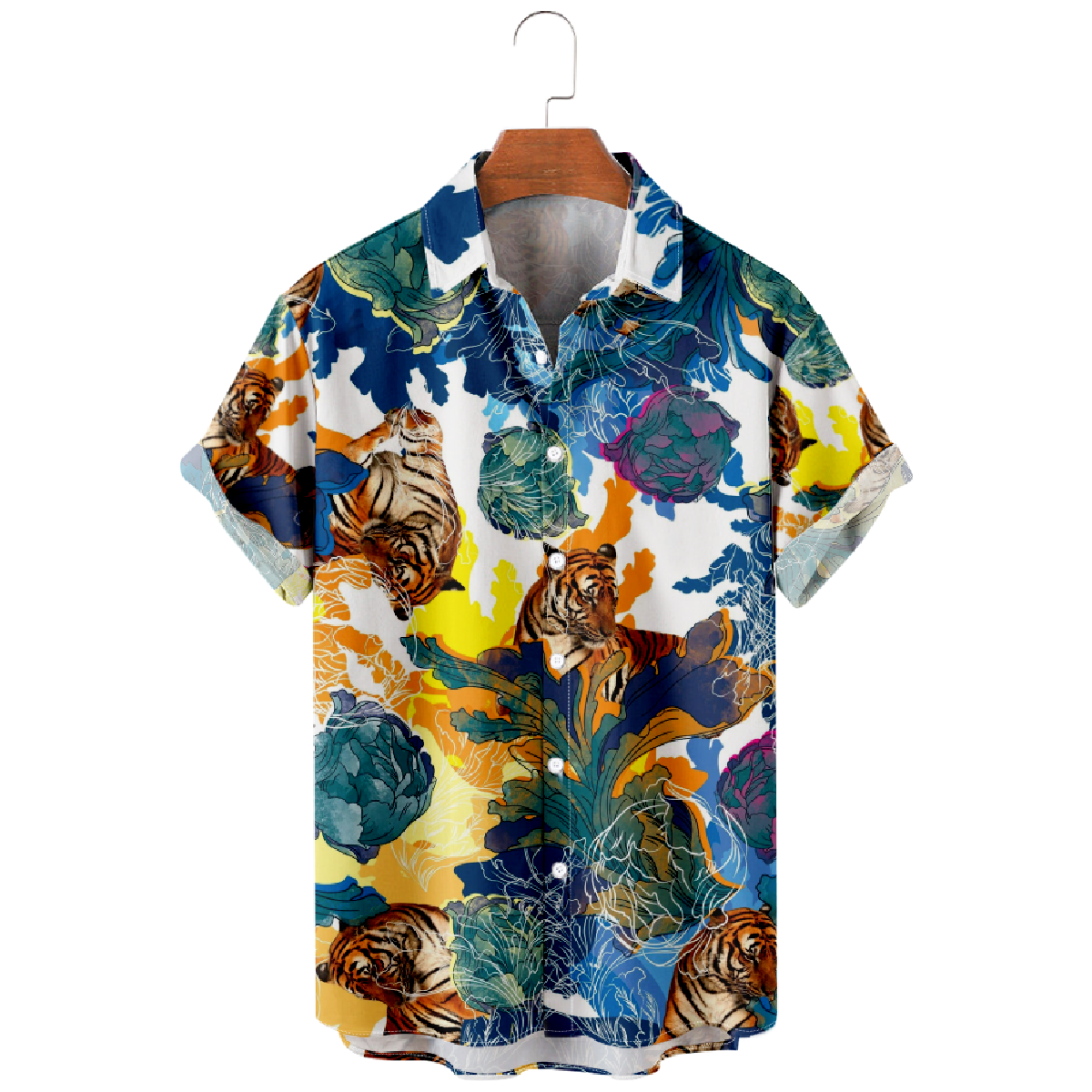 Tiger and Flower Graphic Print Button Up Shirt Men's Short Sleeve Shirt Casual Shirt 