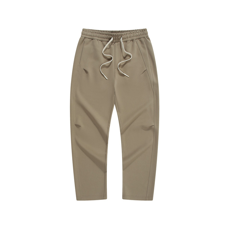 Men's Plain Brown Pants with Drawstring Elastic Waistband Straight Fit Autumn Winter Pants